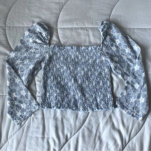 small light blue lettuce trim blouse with 3/4 sleeves